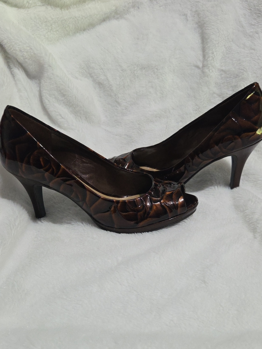 Alex Marie Brown Patent Peep-Toe Heels
